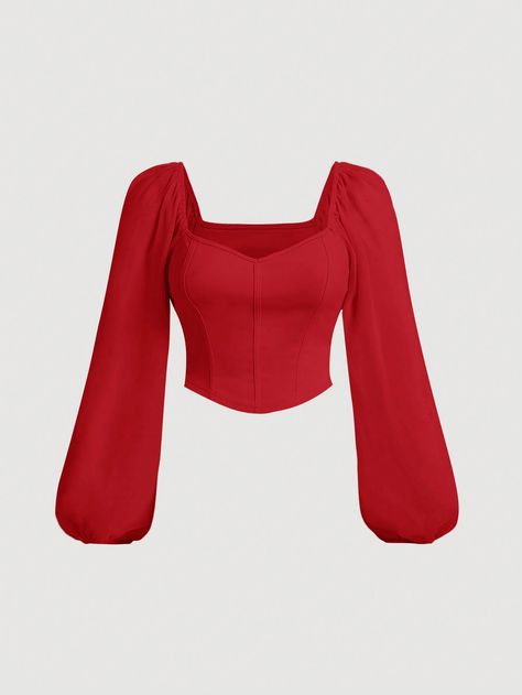 Plus Size Sweetheart Neckline Corset Lantern Sleeve Blouse Red Casual  Long Sleeve Woven Fabric Plain Top Non-Stretch  Women Plus Clothing, size features are:Bust: ,Length: ,Sleeve Length: Red Top Outfit Casual, Shirt And Corset Outfit, Plus Size Corset Top, Plus Size Corset Tops, Red Corset Top, Sweetheart Neckline Top, White Women Dresses, Corset Shirt, Plus Size Corset