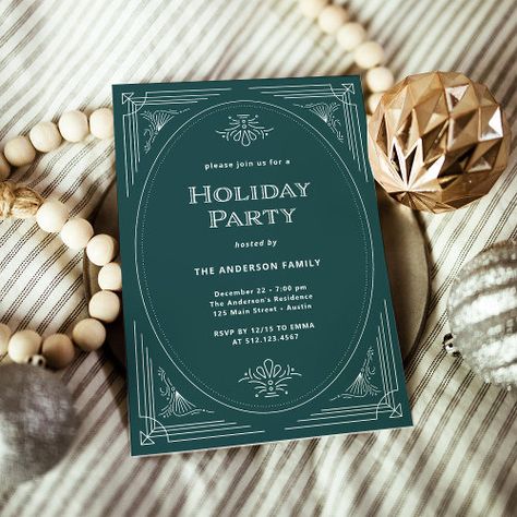 $2.93 | Modern Deco | Elegant Green Holiday Party - christmas holiday party, elegant, art deco, twenties 1920s, glamorous, vintage, classic and traditional, unique, cocktail party, green and white Art Deco Christmas Design, Christmas In Dc, Green Christmas Party, Christmas Card Invitation, Formal Christmas Party, Hosting Holiday Party, Christmas Party Host, Christmas Graphic Design, Holiday Party Invitation