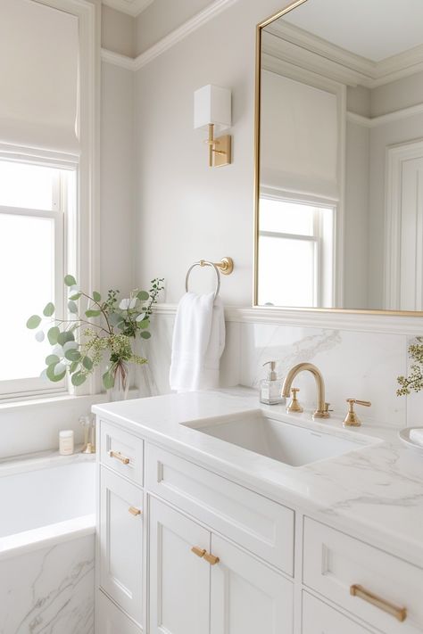 Dark Bathroom Vanities, White Vanity Bathroom Ideas, Bathroom Neutral Colors, French Bathroom Design, Peaceful Bathroom, Suite Ideas, Modern White Bathroom, Neutral Bathroom, Classic White Kitchen