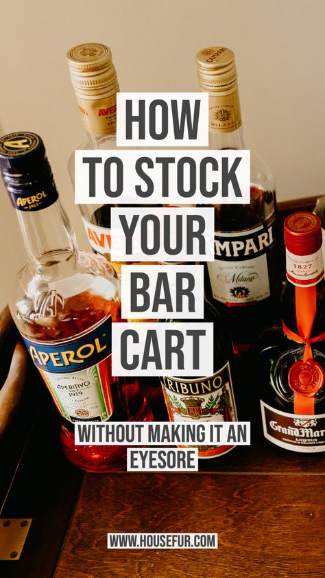 Basic Bar Cart Essentials, Bar Cart Basics, Drinks Cart Ideas, Home Bar Stock List, Bar Cart Essentials List, Home Bar Supplies, Bar Cart Staples, Bar Stocking List, At Home Bar Essentials