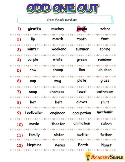 Odd Word Out Worksheets, Ukg English Worksheets Activities, Vocabulary Worksheets Elementary, Vocabulary Words Worksheet, Vocabulary Activities Elementary, Odd Words, English Vocabulary Exercises, English Words Vocabulary, Tongue Twisters For Kids