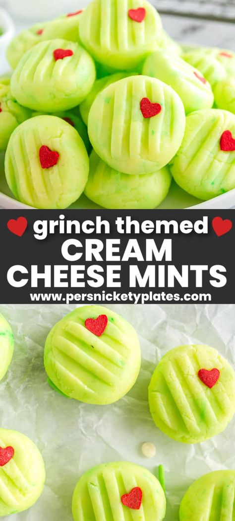 Cream Cheese Mints Christmas, Christmas Soft Mints, Cream Cheese Mint Wreaths, Cream Cheese Mints Recipe Wedding, Grinch Christmas Candy, Peppermint Cream Cheese Cookies, Grinch Kiss Blossoms, Grinch Mint Cookies, Easy Grinch Cookies Decorated