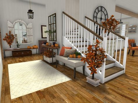 Halloween House Bloxburg Layout Ideas, Small Fall Bloxburg Houses Exterior, Bloxburg Fall Tree Decal Codes, Tiny Fall Bloxburg House, Cute Fall Houses Bloxburg, Blocksburg Fall House Ideas, Bloxburg House Ideas Halloween Layout, Cozy Fall Bloxburg House, Small Living Room Bloxburg