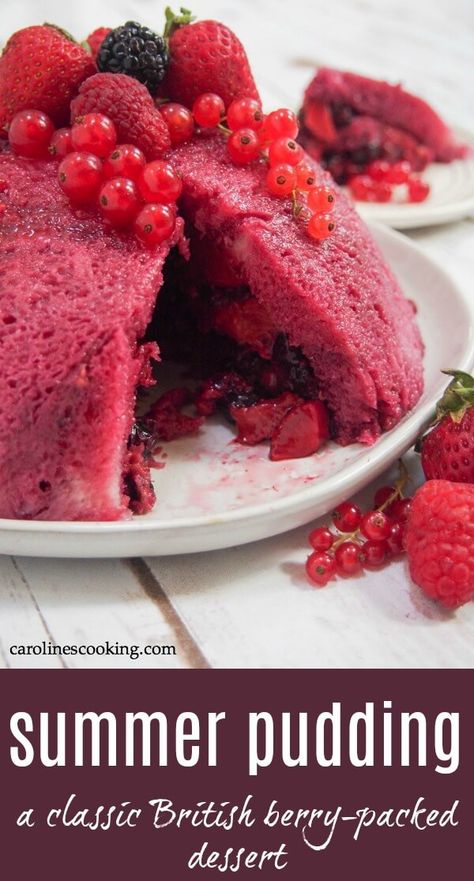 Summer pudding is a classic British dessert - a celebration of summer berries, wrapped up in a sponge-like coat. Except that it's a bit of a cheat as it's made with bread! It's an easy and delicious no bake dessert. #berries #dessert #nobakedessert #dessertrecipe #summerdessert Summer Berry Pudding, Summer Pudding Bombe, Summer Berry Desserts, Summer Pudding Recipe, Summer Pudding Desserts, August Recipes, Berries Dessert, Summertime Desserts, Desert Christmas