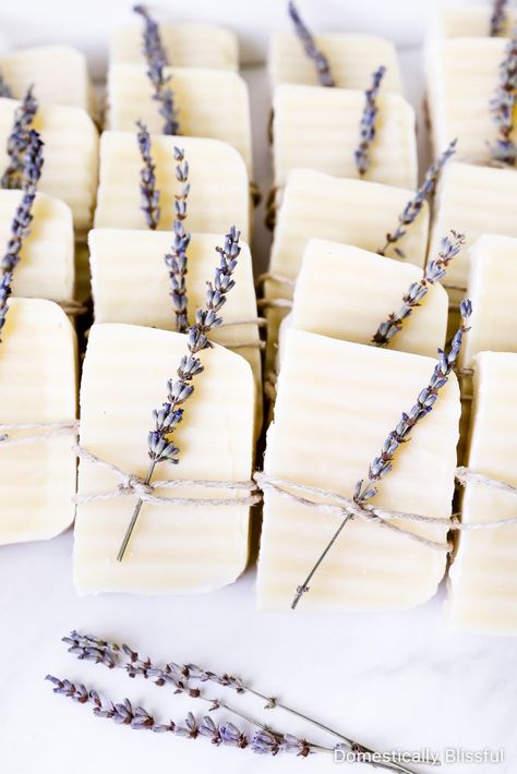 Lavender Soap Favors for a wedding shower or baby shower tied with twine and dried lavender stems. | Lavender wedding shower favors tied with dried lavender. | Bridal shower favors of soap. | Baby shower favor ideas. | Wedding shower favors inspiration. | From her shower to yours. | Dried lavender stem tied with twine on lavender soap. | Simple wedding shower favor. | Easy bridal shower favor. | DIY wedding shower favor ideas. Easy Bridal Shower Favors, Wedding Shower Favors Diy, French Bridal Showers, Domestically Blissful, Lavender Baby Showers, Lavender Lemonade, Green Baby Shower, Wedding Shower Favors, Soap Favors