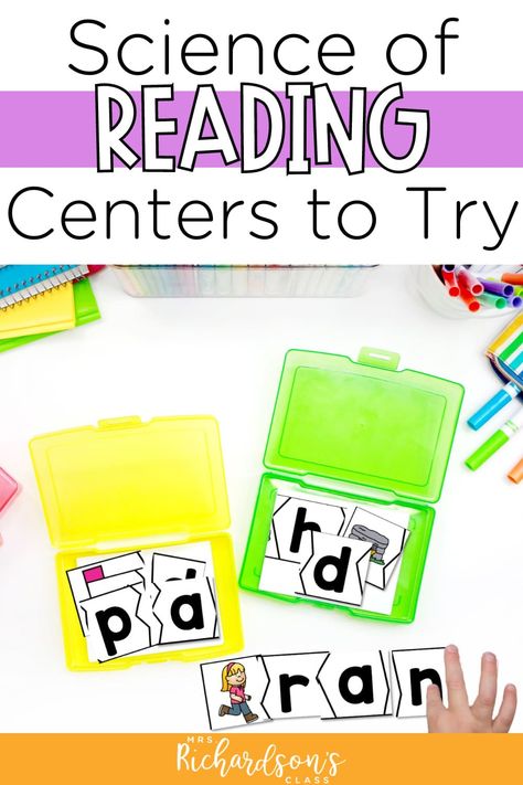 Looking to make your literacy centers even better? Let's get your literacy centers to align with the science of reading! With science of reading centers, you can help students build strong decoding skills, reading skills, and writing skills. I'm sharing ten science of reading centers activities that your students are sure to love. These science of reading centers are perfect for kindergarten, first grade, and 2nd grade. Check them out today! Guided Reading Centers First Grade, Sor Centers 2nd Grade, Science Of Reading First Grade Activities, Independent Reading Centers Kindergarten, Sor Kindergarten Centers, Science Of Reading Centers First Grade, Hmh Into Reading First Grade, Small Group Reading Activities 1st Grade, Science Of Reading Kindergarten Centers