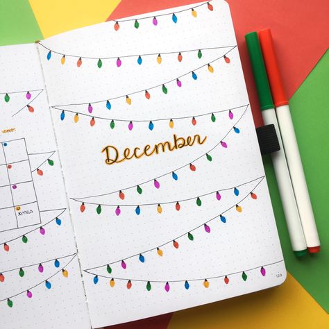 december christmas lights bullet journal theme #bujo #bujoideas #bulletjournal #bulletjournaling #bulletjournalideas Christmas Bujo Cover, December Bujo Calendar, Winter Bujo Ideas, Christmas Lights Bullet Journal, December Reading Journal, December Doodles Bullet Journal, Bujo December Theme, Christmas Journal Cover, Bujo Christmas Theme