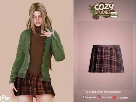 The Sims Resource - Cozy Studies sophie set skirt Sims 4 Skirt Cc, Sims Aesthetic, Sims 1, Sims 4 Clothing, Plaid Mini Skirt, Sims 4 Cc, Animal Skin, Maxis Match, Plaid Skirt