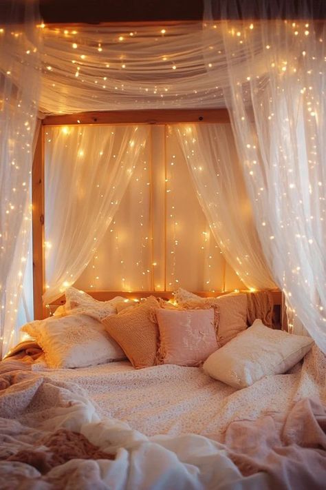 "Create a dreamy retreat with a canopy or four-poster bed! 🛏️✨ Perfect for adding a touch of elegance and romance to your bedroom. 🌟✨ #CanopyBed #FourPosterBed #BedroomDesign" Canopy Bed Fall Decor, Farmhouse Lights Bedroom, Canopy Bed With Lights Romantic, Canopy For Kids Bed, Canapes Bed, Canopy Bed No Frame, Twin Size Canopy Bed Ideas, King Size Canopy Bed With Curtains, Bed With Drapes Fairy Lights