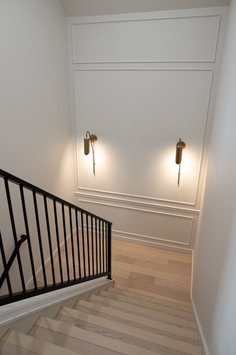 Wall Molding Design Stairs, Staircase With Half Wall And Railing, Molding In Stairwell, Stairway Moulding, Molding Hallway, Staircase Landing Wall Decor, Molding In Hallway, Wall Moulding Stairs, Stairwell Wall Molding Ideas