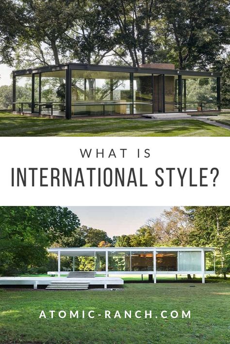 International Style Interior Design, International Style Architecture, House Themes, Interior Design Basics, Midcentury Architecture, Village Ideas, Glass Panes, Design Basics, Modern Style Homes