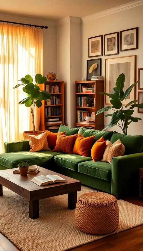 Step into a serene living room where warm, golden sunlight pours through sheer ivory curtains, creating a tranquil atmosphere. The plush emerald green sectional sofa is the centerpiece, accented with textured throw pillows in rust and mustard hues. A rustic wooden coffee table, adorned with a potted succulent and an open book, sits on a cozy cream rug. A towering bookshelf filled with eclectic novels and a gallery wall of framed art seamlessly blend modern and vintage styles. A fiddle leaf fig plant adds a refreshing touch of nature. #CozyLiving #InteriorDesign #HomeDecor Terracotta And Mustard Living Room, Orange Green Home Decor, Sage Green And Ochre Living Room, Yellow And Green Living Room Ideas, Green Burnt Orange Living Room, Cosy Colourful Living Room, Artistic Living Room Ideas, Orange And Green Interior Design, Orange And Green Aesthetic Living Room