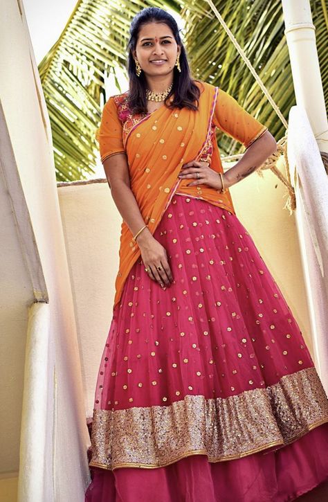 Super Idol, Half Saree, Waist Skirt, Lehenga, Pink And Orange, High Waisted Skirt, Fashion Dresses, Saree, High Waisted