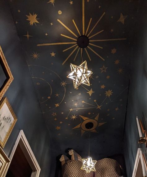 Celestial Living Room Ideas, Whimsigoth Ceiling, Vintage Ceiling Lights Living Room, Navy Celestial Bedroom, Celestial Ceiling Bedroom, Accent Wall Bedroom Paint Design, Celestial Decor Interior Design, Painted Star Ceiling, Celestial Wall Art