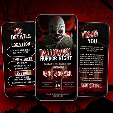 Halloween Movie Night Party Invitation, Red Clown, Digital Animated Horror, Adult Costume Party, Editable DIY Template, Ghost Invite - Etsy Movie Night Party Invitations, Halloween Movie Night Party, Night Party Invitation, Pumpkin Carving Contest, Halloween Movie Night, Haunted House Party, Spooky Costumes, Spooky Halloween Party, Movie Night Party