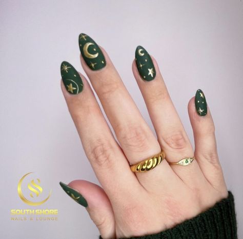 Dark Green Celestial Nails, Green Gold Star Nails, Black And Gold Witchy Nails, Green Nails With Gold Stars, Dark Nails Acrylic Almond, Almond Nails Emerald Green, Dark Green Nails Grunge, Dark Green Almond Acrylic Nails Designs, Emerald Green Nails Almond Shape