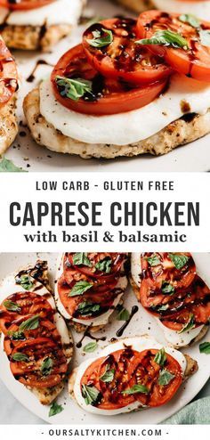 Quick, easy, seasonal weeknight dinners don't get much better than Caprese Chicken! Grilled chicken is topped with mozzarella, fresh tomato slices, basil, and balsamic. This low carb and gluten free dinner recipe can be on your table in under 30 minutes. This simple, elegant meal is made for summer and guaranteed to become a family favorite. #caprese #chicken #glutenfree #lowcarb #italianrecipes #chickenrecipe Healthy Carb Dinner, Easy Healthy Summer Crockpot Recipes, Post Op Meals, Clean Eating Meals, Cycle Care, College Recipes, Chicken Grilled, Clean Keto, Diner Recept