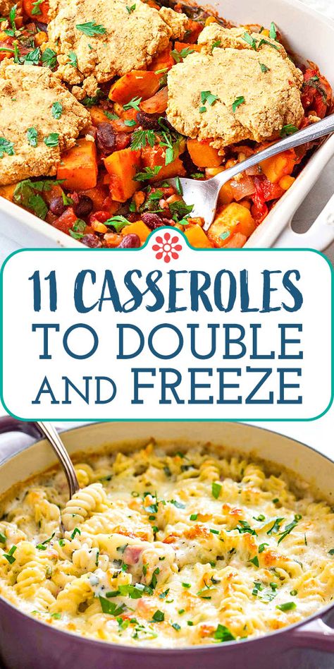 11 Casseroles to Double and Freeze! Get ahead of the game with these 11 incredible casseroles. They are freezer-friendly, make-head magic meal ideas. Keep one for yourself and give one to someone else. #casseroles #freezermeals #mealprep #simplyrecipes Freezer Batch Cooking Meal Ideas, Freezer Meals Meal Prep, Meals That Are Easy To Freeze, Daycare Freezer Meals, Meals To Make To Freeze, Meals To Put In Freezer, Soup Kitchen Meal Ideas, Make Ahead Freezer Meals Casseroles Pasta Bake, Best Freezer Meals Pioneer Woman