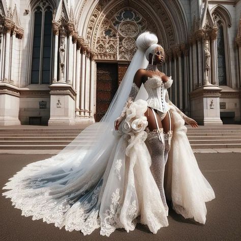 For a baddie Gen z 👰 💒...student's design Would you rock this on your wedding day? Show Stopping Wedding Dress, Queen Photoshoot Ideas, Baddie Wedding, Gown Photoshoot, Bride Aesthetic, Black Chyna, Bridal Things, Queen Wedding Dress, Extravagant Wedding Dresses