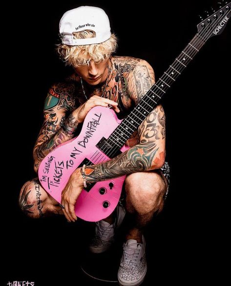 Here's a news about the new upcoming projects of mgk. #mgk #machinegunkelly #ticketstomydownfall #hoteldiablo #travisbarker Pink Guitar, A Man, Guitar, Tattoos, Pink, Instagram, Black