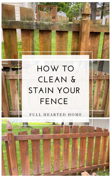 How to Clean & Stain Your Fence | Easy and inexpensive! // Fence Makeover, Re-do a Fence, Staining Exterior Fence Staining Fence Diy, Coastal Hygge, Diy Wooden Fence, Inexpensive Fence, Stained Fence, Exterior Fence, Fence Makeover, Staining Wood Fence, Fence Staining