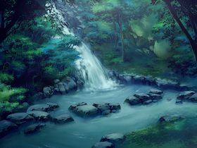 Anime Waterfall Background, Anime Waterfall, Backgrounds For Videos, Landscape Anime, Waterfall Background, Anime Landscape, Waterfall Scenery, Dark Mountains, Waterfall Wallpaper