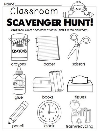 Fun Classroom Worksheets for Kindergarten | Learning Printable September Printables, Kindergarten First Week, Classroom Scavenger Hunt, Back To School Printables, First Week Activities, Beginning Of Kindergarten, Back To School Classroom, First Day Activities, Kindergarten Printables