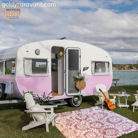 How cute does our 'Coming Up Daisies' mat look with this pink @goldycaravans new-but-old-school caravan! 🌸 Love a bit of retro or floral? Love something a bit more neutral or modern? We have you covered! #retro #retrocaravan #localbusiness #tweedheads #goldcoast #recycledmats #since2009 #goldycaravans #floral #daisies #pink #recycledplastic #floormat #campingmat #caravanmat #floorcover #groundcover #annexmat #caravanningaustralia #caravanning #vanlife Pink Caravan, Plastic Mat, Retro Caravan, Camping Mat, Trash To Treasure, Outdoor Mat, Wedding Deco, Gold Coast, Van Life