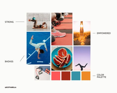 A little mood board action to start off our Monday. 🎨✨ This board captures the colors, keywords, and feelings that define the brand's essence. Moodboards are something I use at the beginning of every project and are a great way to make sure that I am on the same page as the client. #Moodboard #BrandDesign #ColorPalette #Inspiration #CreativeProcess #ScotiaBellaDesign Athletic Mood Board, Exercise Mood Board, Sporty Moodboard, Fitness Brand Mood Board, Personality Board Collage, Mood Board Layout, Branding Mood Board Inspiration, Outing Quotes, Branding Mood Board