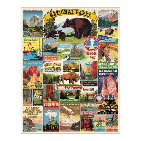 Cavallini Vintage Puzzles. 1000 Pieces. Beautiful Art. Trek Light Gear I Miss You Card, Zion Park, American National Parks, Carlsbad Caverns, Uncommon Goods, National Parks Map, Muslin Bags, Bag Inside, Images Vintage