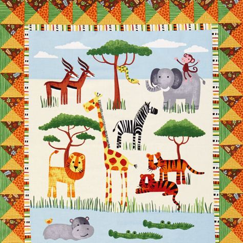 Go wild! A jungle-inspired printed panel is the starting point for this  adorable kids quilt. Fabrics are from the Safari Adventures collection by  Deborah Edwards for Northcott [1].   [1] http://northcott.net Safari Baby Quilt, Handmade Crib, Themed Quilts, Blue Jean Quilts, American Patchwork And Quilting, Baby Batman, Panel Quilt Patterns, Quilt Panels, Boy Monogram