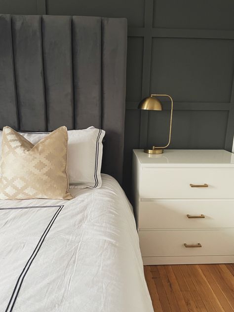 Ikea Malm hack Malm 3 Drawer Chest As Nightstand, Tufted Headboard Bedroom, Bedroom Decor For Kids, Ikea Malm Drawers, Ikea Malm Nightstand, Malm Hack, Ikea Bedroom Furniture, Ikea Malm Bed, Gold Pulls