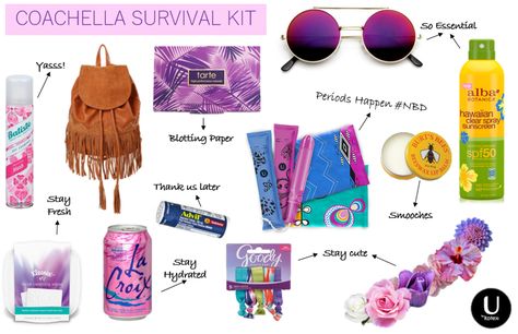 Peep our Coachella Survival Kit filled with all the essentials you need to make this your best festival experience yet. Our music festival necessities include dry shampoo, hair ties, cute sunglasses, U by Kotex Click Tampons, U by Kotex Barely There Liners, blotting paper, floral headband, aspirin, Boho backpack, lip balm, Kleenex Facial Cleansing Wipes, flavored water, & sunscreen. Festival Bag Essentials, Festival Necessities, Coachella Camping, Stagecoach Outfits, Festival Survival Kit, Aunt Flow, Coachella 2020, Coachella 2022, Festival Backpack