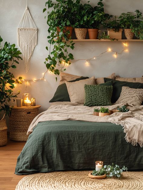 Transform your space with a cozy home bedroom refresh! This serene setup features lush plants, warm fairy lights, and earthy linen bedding. Create a relaxing oasis at home. 🌿 #decor #homerefresh #bedroominspo Bedding Ideas Earthy, Dark Earthy Bedding, Rust Olive Bedroom, Brown Bedspread Room Ideas, Master Bedrooms Decor Plants, Room With Green Bedding, Bedroom Decor Themes, Bedroom Ideas Orange And Green, Brown And Green Room Decor