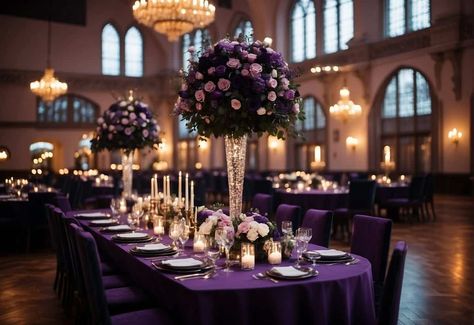 Elevate your wedding decor with enchanting purple and black wedding ideas! Dive into a world of elegance where black table settings meet lush purple flowers, creating a gothic-inspired ambiance. Picture elegant centerpieces gracing the tables alongside candlelit warmth and vintage charm. Imagine bridesmaids in stunning purple dresses complementing groomsmen in classic black tuxedos. Explore how purple lighting highlights every detail, from the mesmerizing floral arrangements to the intricate ... Purple And Black Wedding Table Decor, Wedding Purple Decorations, Purple Table Cloth Wedding, Elegant Purple Wedding Decor, Purple And Silver Wedding Ideas, Royal Purple And White Wedding, Black And Purple Table Decor, Purple Black And White Wedding Ideas, Purple And Gold Wedding Centerpieces