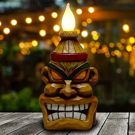 Amazon.com : Yiosax Tiki Touch Outdoor Decor-Solar Tiki Torches Figurine with Flickering Flame |Easter Garden Statues for Patio, Bar, Yard, Backyard Decorations(8.74inch Tall) : Tools & Home Improvement Tiki Christmas Decorations, Tiki Bar Party, Tiki Bar Stools, Tiki Theme, Statue Head, Flames Design, Tiki Head, Tiki Statues, Tiki Bars