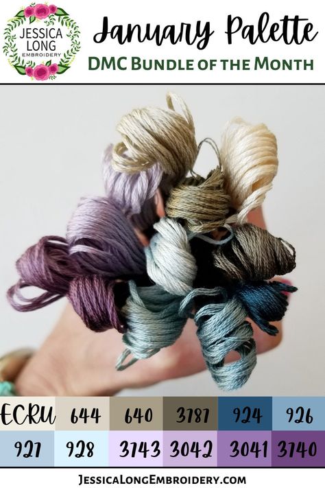 12 gorgeous skeins of DMC six-stranded hand embroidery floss. This is the January bundle and it reminds me of winter. Each skein is 8 meters long. Love floss bundles? Find more here: https://www.etsy.com/shop/NamasteEmbroidery?section_id=24569094 Need a hand embroidery project? Find some here: https://www.etsy.com/shop/NamasteEmbroidery?section_id=19211643 I now sell Lecien Cosmo variegated floss by the skein here: https://www.etsy.com/shop/JessLongEmbroidery?ref=simple-shop-header-name&list Bf Bracelets, Dmc Floss Organization, Dmc Color Palette Embroidery, Embroidery Thread Palette, Dmc Rainbow Palette, Dmc Floss Chart, Dmc Embroidery Floss Color Palettes Blue, Embroidery Floss Crafts, Modern Hand Embroidery