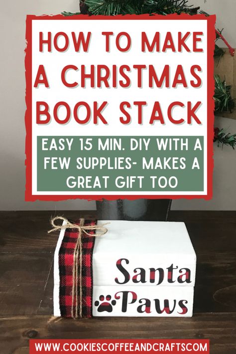 Take your 2x4 scrap pieces and make adorable DIY Christmas book stacks. All you need is some paint, lettering and ribbon. It makes beautiful Christmas decor or gift. Christmas Book Stack | Christmas book stacks diy | wood book stacks diy Christmas | DIY Wood Book Stacks tutorial | Christmas wood book stacks tutorial | Christmas wood books diy | 2x4 Christmas Crafts | Cricut Christmas Gift Ideas Christmas Book Stack Decor, Christmas Book Stacks Diy, 2x4 Christmas Crafts, Cricut Christmas Gift Ideas, Diy Wood Books, Wood Book Stacks, Paint Lettering, Stack Books, 2x4 Crafts