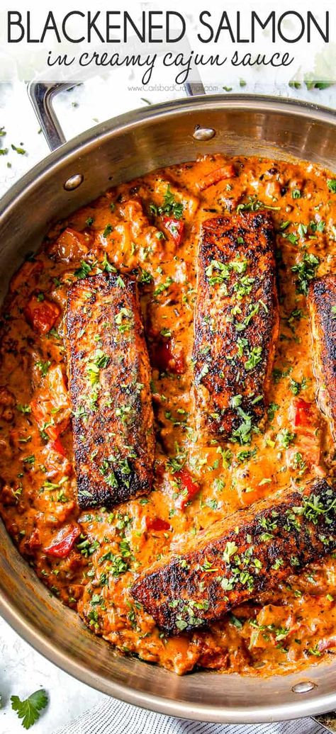 Blackened Salmon in Creamy Cajun Sauce - Carlsbad Cravings Salmon Butter, Creamy Cajun Sauce, Blackened Salmon Recipes, Salmon Pasta Recipes, Seared Salmon Recipes, Crispy Salmon, Cajun Salmon, Cajun Sauce, Recipe Shrimp