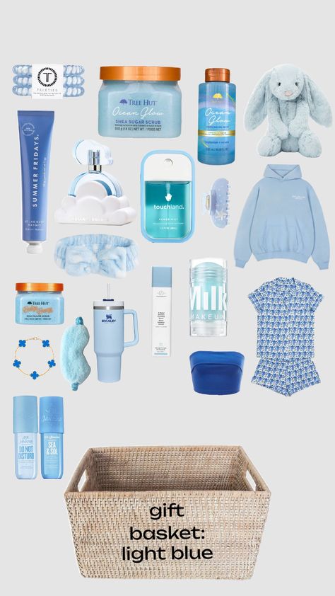 gift basket inspo! leave any requests for any type of shuffle in comments! #blue #giftbasket #inspo Something Blue Gift Basket, Burr Basket Blue Theme, Cute Preppy Gift Baskets, Blue Aesthetic Gift Basket, Baby Blue Gifts, Blue Christmas Presents, Blue Christmas Basket Gift Ideas, Blue Christmas Gift Basket, Mama Mia Gift Basket