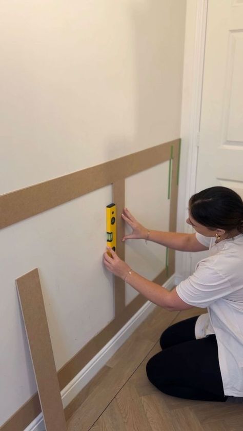 Danielle Davenport | How we panelled the kitchen wall 🪵🪚 We went with the shaker wall panelling kit from @roomixdiy, you get everything you need as well as a h… | Instagram Shaker Half Wall Panelling, How To Measure Wall Panelling, Easy Half Wall Panelling, Three Quarter Wall Panelling, Beige Half Wall Panelling, Half Panelled Walls, Shaker Wall Panelling, Basement Wall Panels, Shaker Wall