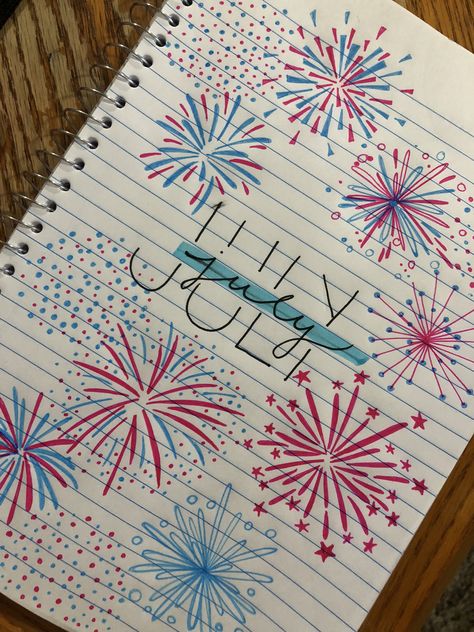 July Scrapbook Page, July Bullet Journal Cover Fireworks, 4th Of July Journal Ideas, July Bujo Calendar, Bujo July Cover Page, July Whiteboard Ideas, July Calendar Doodles, July Journal Spread, Bujo July Cover