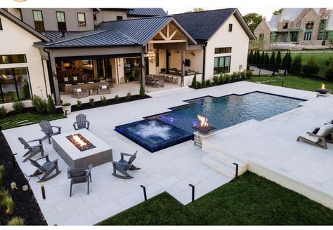 Pool Lagoon Style, Barndominium With Pool Ideas, Outdoor Pool Ideas Amazing Backyards, Fireplace Pool Backyard, Farmhouse With Pool Backyards, Pool And Fireplace Backyard, Outdoor Pool Room, Simple In Ground Pool Ideas, Lake House Backyard With Pool