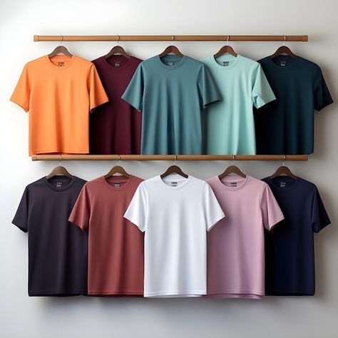 Photo colorful assortment of gents tshir... | Premium Photo #Freepik #photo New T Shirt Designs For Men, Tshirt Ads, T Shirt Photography Ideas, T Shirt Display, Clothes Labels, Apparel Photography, Tshirt Printing Business, T-shirt Display, Shirt Photography