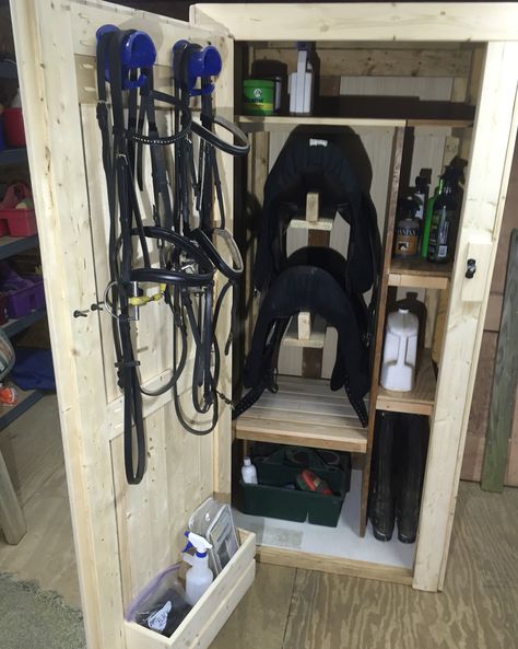 Door shelf/interior space fit together well... I like the modular design but since most of my stuff is bagged or contained, I think hanging/setting would work too Horse Tack Boxes, Tack Storage, Tack Locker, Tack Room Organization, Horse Tack Rooms, Barn Remodel, Tack Trunk, Tack Box, Barn Hacks