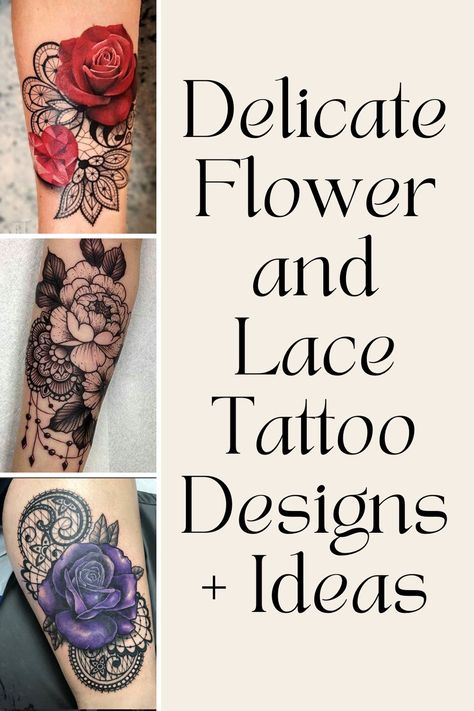 Delicate Flower and Lace Tattoo Designs + Ideas - Tattoo Glee Floral Cover Up Tattoos For Women, Girly Flower Tattoos, Flower Tattoo Cover Up Ideas, Flower And Lace Tattoo, Bright Flower Tattoos, Lace Flower Tattoos, Lace Shoulder Tattoo, Skin Doodles, Lace Sleeve Tattoos