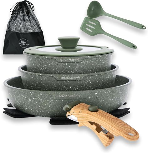 Kitchen Academy Non Stick Cookware Set, 10 Piece Granite-Coated Induction Pots and Pans Set with Detachable Handle, Stackable RV Cooking Set for Camping, Camp, Green Green Pots And Pans, Pot Protectors, Silicone Utensils, Green Granite, Kitchen Cookware Sets, Induction Cookware, Nonstick Cookware Sets, Kitchen Clutter, Silicon Utensils