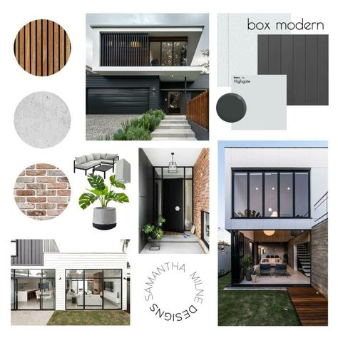 Mood Board For Exterior Elevation, Modern Muji House Exterior, Exterior Moodboard Architecture, Industrial Textures Moodboard, Modern House Exterior Materials, Exterior Facade Mood Board, Material Palette Architecture Exterior, Modern Industrial Mood Board, Mood Board Exterior Design