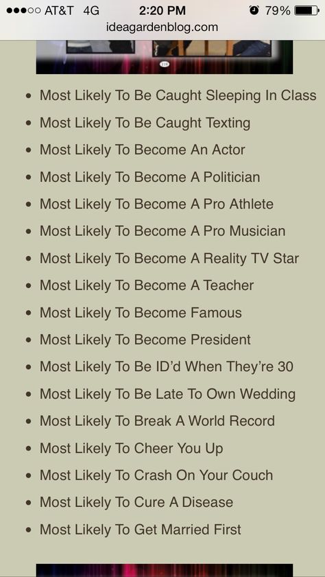 Senior Superlatives ideas. Getting tired of the ones we currently have. They're boring and unoriginal. Yearbook Superlatives, Senior Superlatives, Good Truth Or Dares, Fun Sleepover Games, Sleepover Party Games, Yearbook Class, Yearbook Staff, Abi Motto, Yearbook Layouts