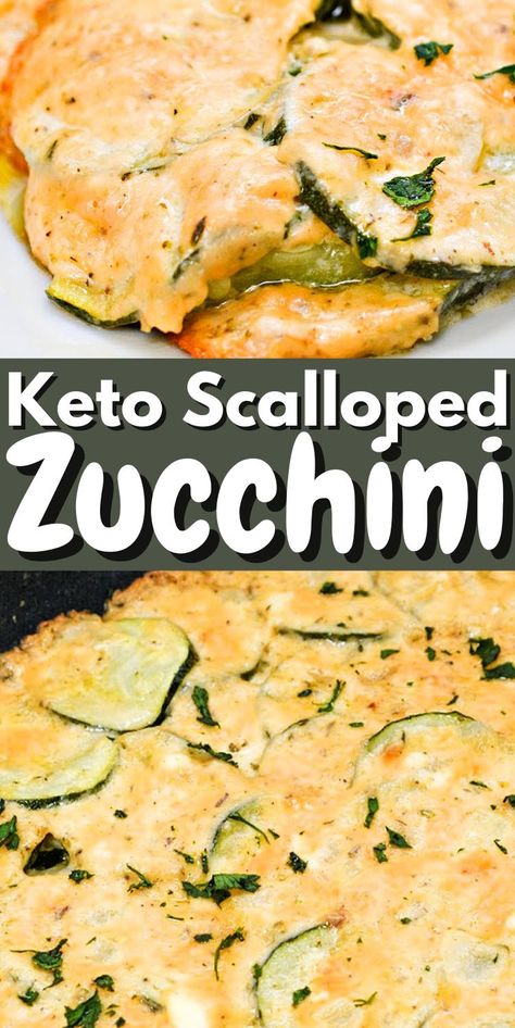 Keto Scalloped Zucchini - Smothered in rich cream cheese, scalloped zucchini is the ultimate zucchini side dish! Perfect for family dinners or keto dieters. #keto #Ketodiet #Ketorecipes #ketoscallopedzucchini #scallopedzucchini #zucchinirecipes #zucchini #sidedishrecipes #dinner #food #recipes Keto Zucchini Gratin, Low Carb Zucchini Recipes Side Dishes, Zucchini Cheese Recipes, Cheesy Scalloped Zucchini, Keto Italian Side Dishes, Keto Recipes With Zucchini, Keto Zuchini Recipes, Scalloped Zucchini Casserole, Zucchini Keto Recipes